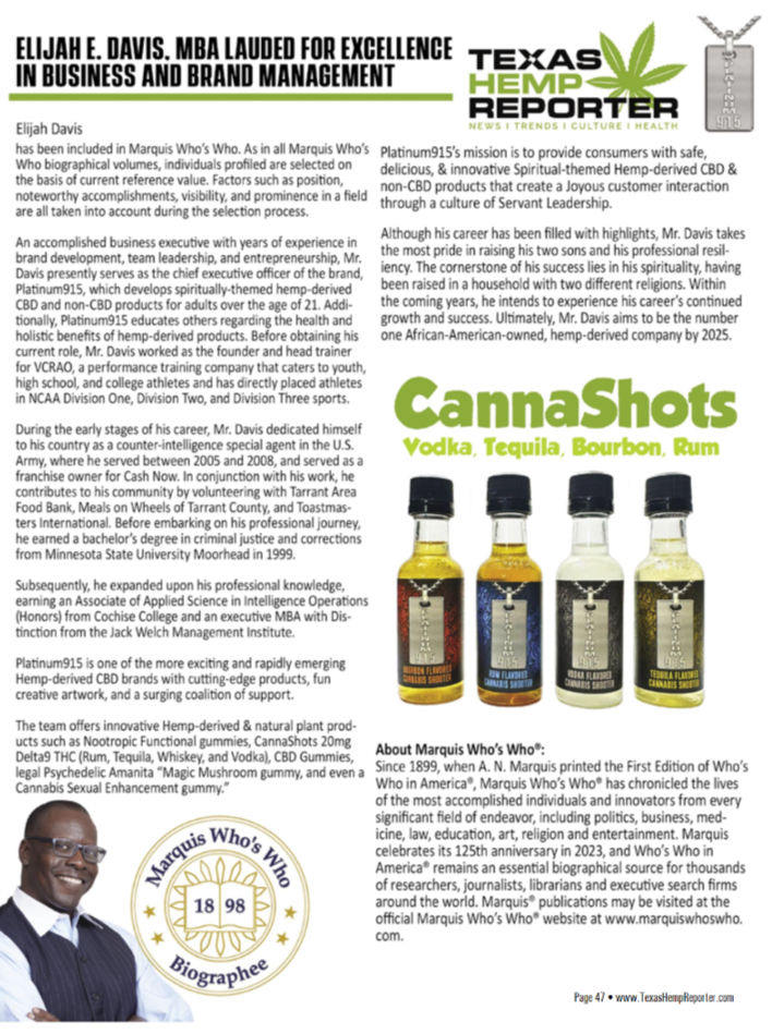 Texas Hemp Reporter article featuring Elijah Davis, MBA, co-founder and CEO of Platinum915®, Marquis Who’s Who listee, with images of all Platinum915® CannaShots