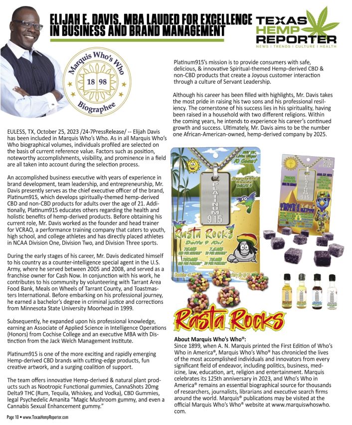 Texas Hemp Reporter article featuring Elijah Davis, MBA, co-founder and CEO of Platinum915®, Marquis Who’s Who listee, with images of Platinum915® Rasta Rocks, Platinum915® THOTH’S Gifts, and all Platinum915® CannaShots