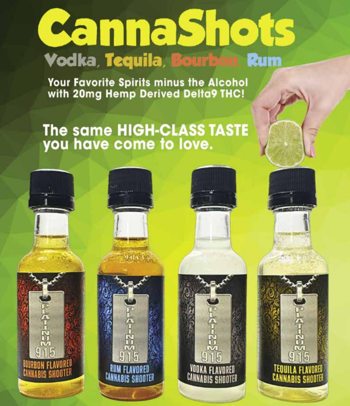 Platinum915® CannaShots lineup, including Bourbon, Rum, Tequila, and Vodka, alcohol-free, hemp-derived cannabis Delta-9 THC shots, 50 mL bottles on lime-green background