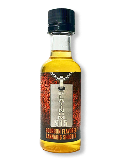 Platinum915® CannaShots™ Bourbon: award nominated, RTD, alcohol-free hemp-derived 20mg D9 THC shot in Bourbon flavor using nano-emulsion for fast-acting effect. Hemp-derived beverage. D9 shot. D9 THC Shot.