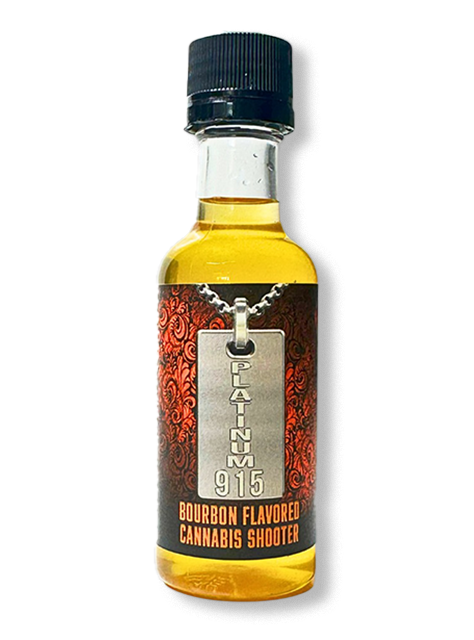 Platinum915® CannaShots™ Bourbon: award nominated, RTD, alcohol-free hemp-derived 20mg D9 THC shot in Bourbon flavor using nano-emulsion for fast-acting effect. Hemp-derived beverage. D9 shot. D9 THC Shot.