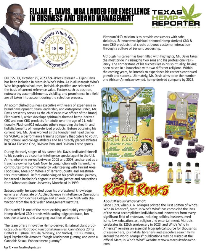 Marquis Who's Who Elijah Davis CEO Platinum915  Rasta Rocks Article in Texas Hemp Reporter