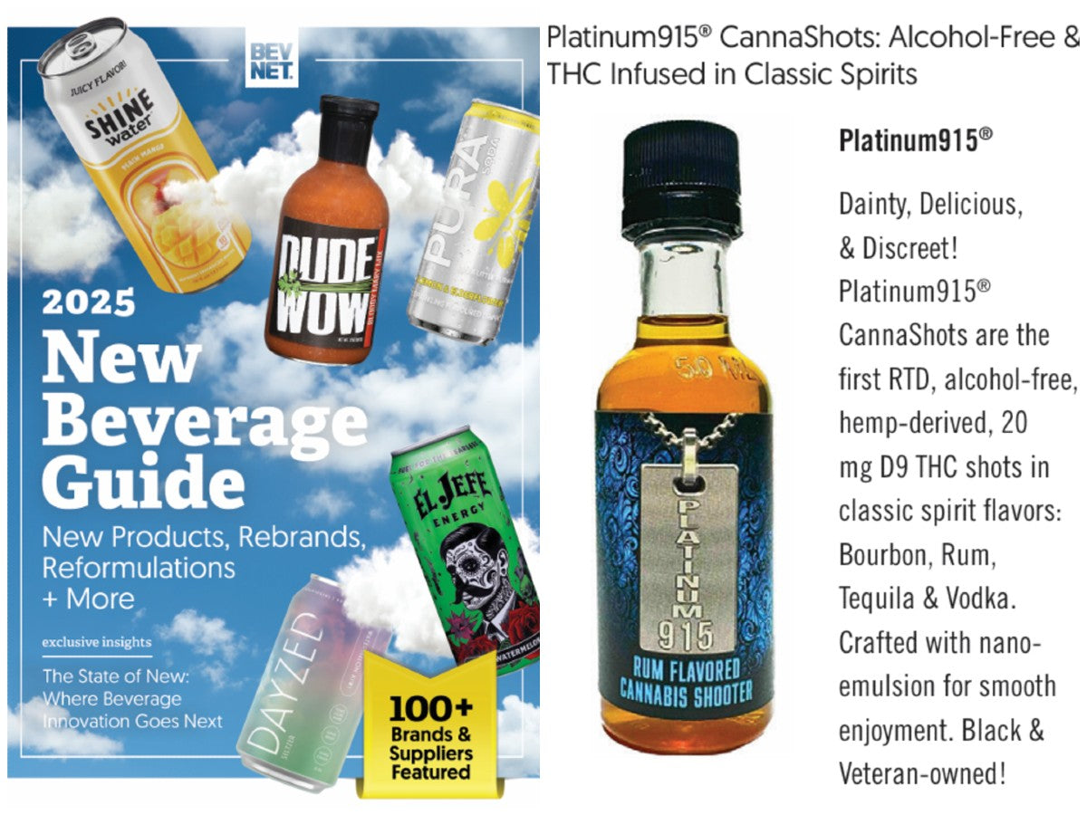Platinum915® CannaShots™ Rum featured in BevNET 2025 New Beverage Guide - BevNET Best of 2025 Awards and Spirits 2025 Awards Nominee
