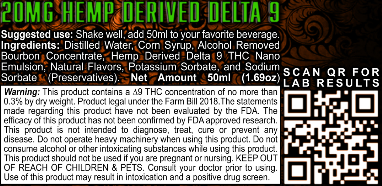 Disclaimer, warning label, ingredients, and Certificate of Analysis for Platinum915® CannaShot Bourbon, alcohol-free, hemp-derived THC shot, 50 mL bottle