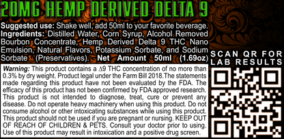 Disclaimer, warning label, ingredients, and Certificate of Analysis for Platinum915® CannaShot Bourbon, alcohol-free, hemp-derived THC shot, 50 mL bottle