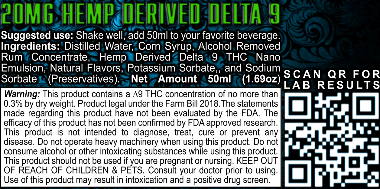 Disclaimer, warning label, ingredients, and Certificate of Analysis for Platinum915® CannaShot Rum, alcohol-free, hemp-derived THC shot, 50 mL bottle