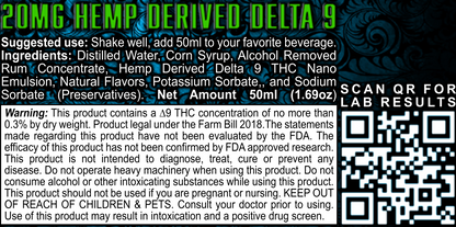 Disclaimer, warning label, ingredients, and Certificate of Analysis for Platinum915® CannaShot Rum, alcohol-free, hemp-derived THC shot, 50 mL bottle
