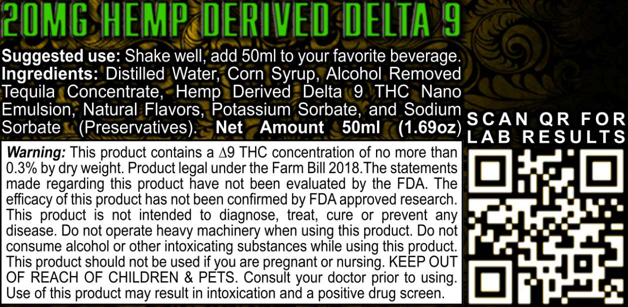 Disclaimer, warning label, ingredients, and Certificate of Analysis for Platinum915® CannaShot Tequila, alcohol-free, hemp-derived THC shot, 50 mL bottle