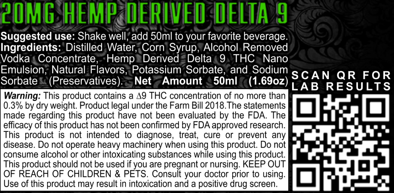 Disclaimer, warning label, ingredients, and Certificate of Analysis for Platinum915® CannaShot Vodka, alcohol-free, hemp-derived THC shot, 50 mL bottle