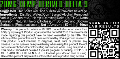 Disclaimer, warning label, ingredients, and Certificate of Analysis for Platinum915® CannaShot Vodka, alcohol-free, hemp-derived THC shot, 50 mL bottle
