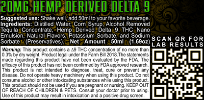Disclaimer, warning label, ingredients, and Certificate of Analysis for Platinum915® CannaShot Tequila, alcohol-free, hemp-derived THC shot, 50 mL bottle
