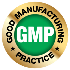 GMP (Good Manufacturing Practice) logo with gold border and green center. 