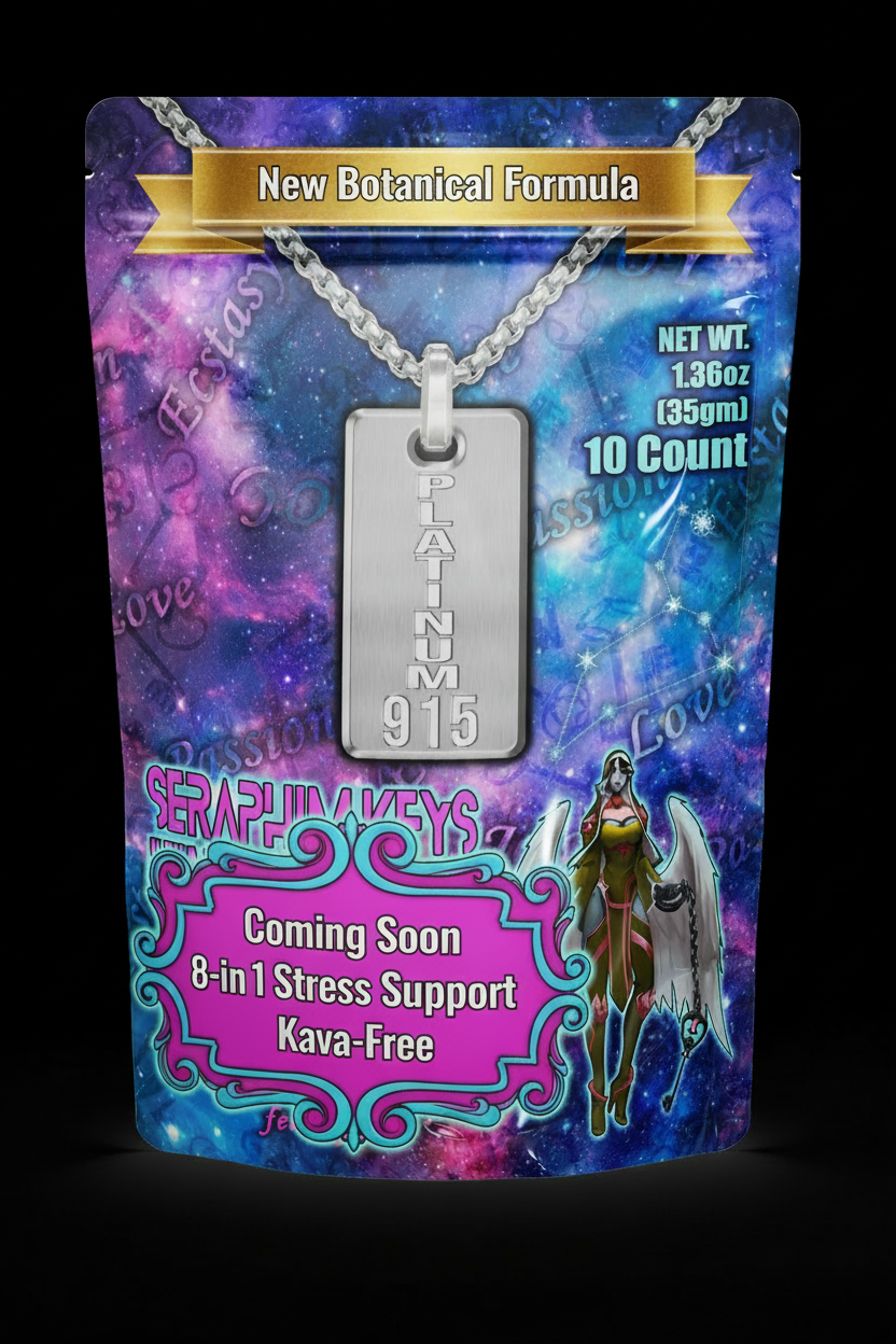 Platinum915® pendant (logo) on a colorful packaging with text about the new botanical formula and stress support product, Platinum915® Seraphim Keys™ 8-in-1 Stress Support Gummies
