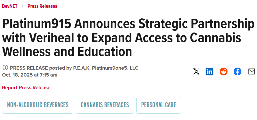 Platinum915® and Veriheal Strategic Partnership Press Release - BevNET CPG Media - October 2025