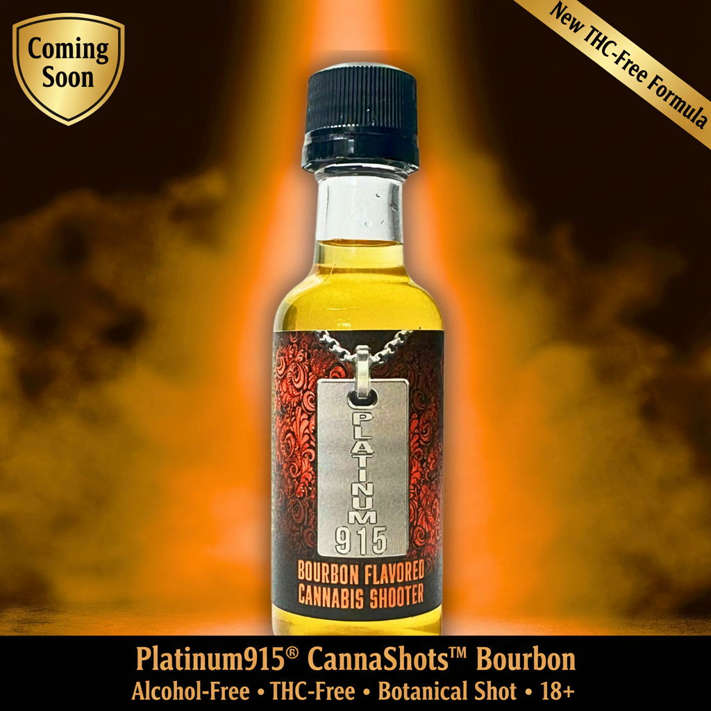 Platinum915® CannaShots™ Bourbon is an alcohol-free, THC-free, functional botanical shot in bold Bourbon flavor for sober-conscious adults 18+. Award-nominated BevNET Best of Awards (2024,2025)