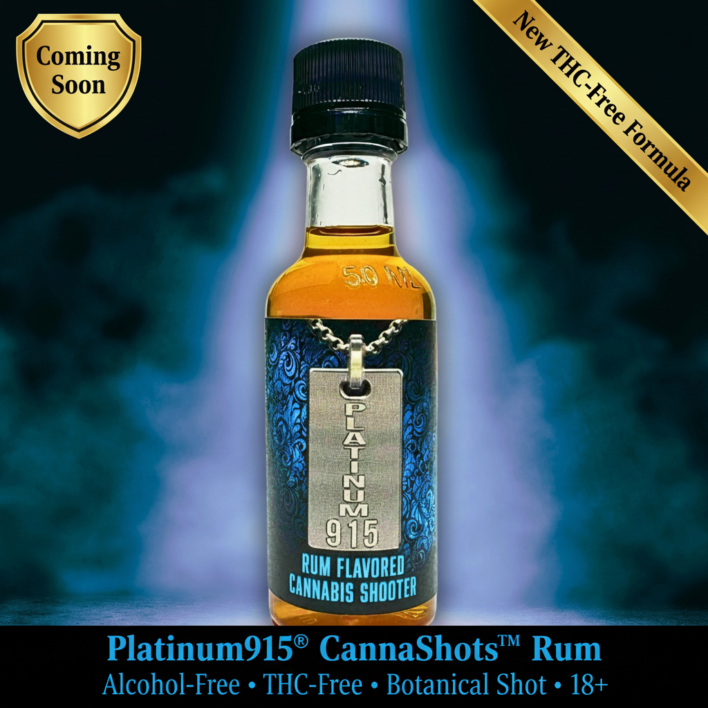 Platinum915® CannaShots™ Rum — Divine Light
Platinum915® CannaShots™ Rum is an alcohol-free, THC-free, functional botanical shot in sweet Rum flavor for sober-conscious adults 18+. BevNET Best of 2024 & 2025 award-nominee. Spirits Award 2025 nominee.