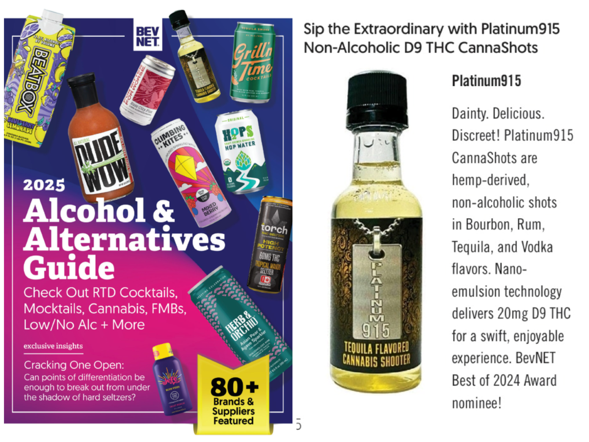 Platinum915® CannaShots™ Tequila featured in BevNET 2025 Alcohol and Alternatives Guide