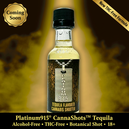 Award nominated CannaShots™ Tequila by Platinum915® ready-to-drink, alcohol-free, kava-free, kratom-free, and THC-free functional botanical shot inspired by rich Tequila flavor in 50 mL bottle on neutral background with golden Divine Light illuminating it. Earth Angel Energy. BevNET Best of 2024 & 2025 award-nominated brand.