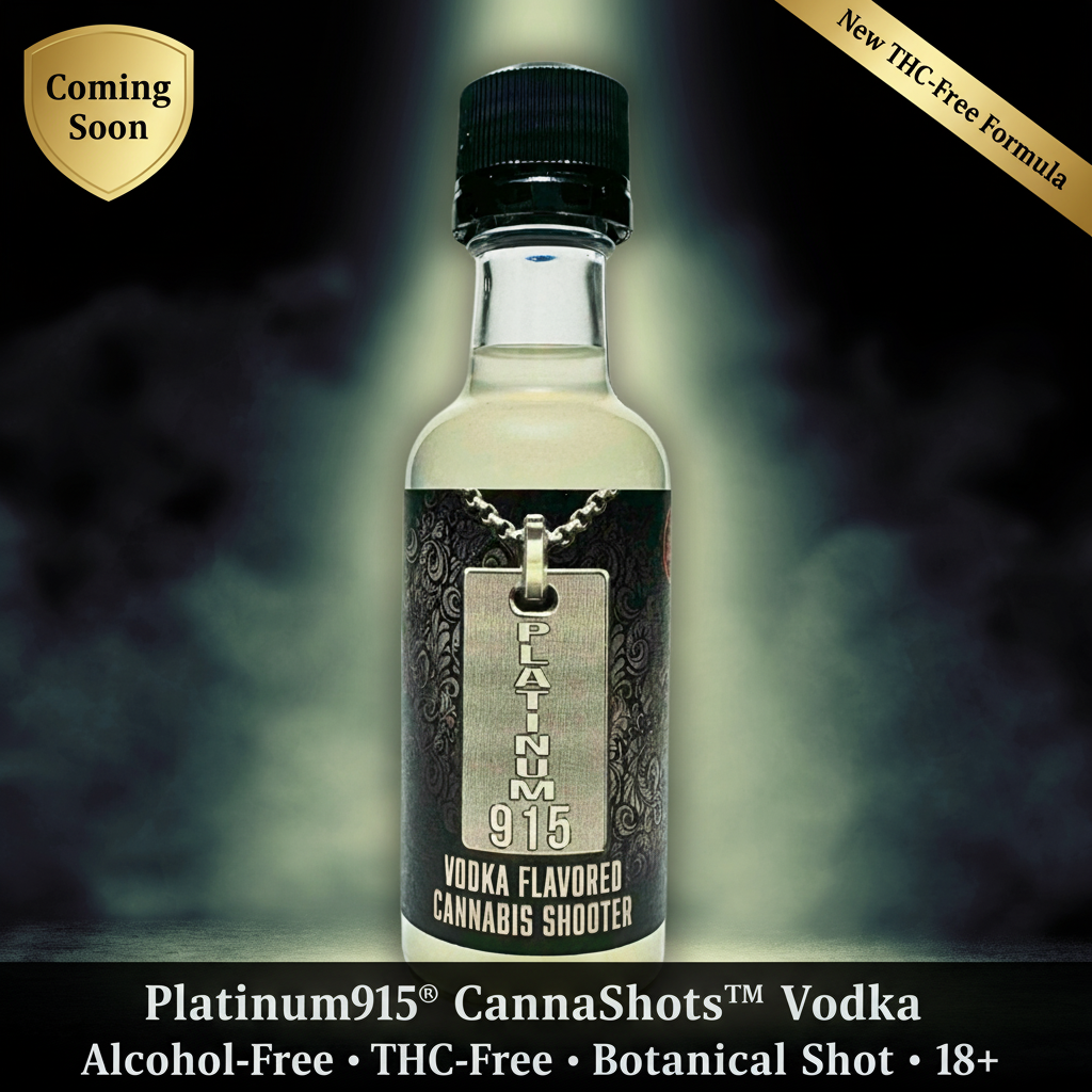 Award nominated Platinum915® CannaShots™ Vodka: , RTD, alcohol-free, functional botanical shot in Vodka flavor in 50 mL bottle on neutral background with Divine Light illuminating it. Earth Angel Energy. BevNET Best of 2024 & 2025 award-nominee