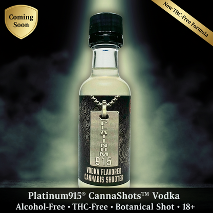 Award nominated Platinum915® CannaShots™ Vodka: , RTD, alcohol-free, functional botanical shot in Vodka flavor in 50 mL bottle on neutral background with Divine Light illuminating it. Earth Angel Energy. BevNET Best of 2024 & 2025 award-nominee