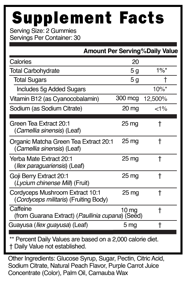 Rasta Rocks Day Supplement facts label for gummy vitamins with detailed nutritional information.