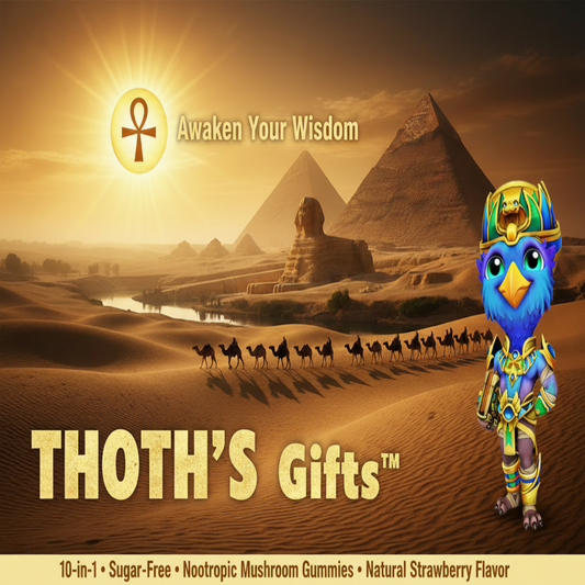 Platinum915® THOTH'S Gifts™ Brand Card – THOTH Character with Egyptian Pyramids Sphinx Ankh Sun Camels – 10-in-1 Sugar-Free Nootropic Mushroom Gummies Natural Strawberry Flavor