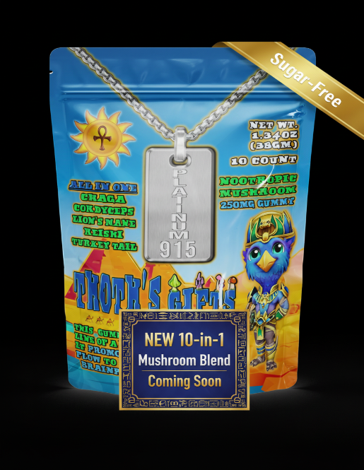 Platinum915® THOTH'S Gifts™ Product Coming Soon Overlay – Platinum915® THOTH'S Gifts™ 10-in-1 Sugar-Free Nootropic Mushroom Gummies — functional brain support with Lion's Mane, Reishi & adaptogenic mushroom blend
