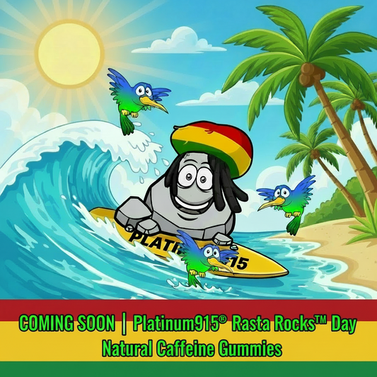 Platinum915® Rasta Rocks™ Day — Faith, the Rasta Rock character, surfing a high energy tropical wave with 3 hummingbirds known as mind, body, and Spirit surrounding him — Coming Soon Natural Caffeine Functional Gummies by Platinum915®