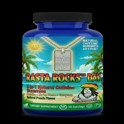 Rasta Rocks™ Day 8-in-1 Natural Caffeine Gummies 60 Count – Platinum915® supplement bottle on black background, Matcha Yerba Mate Guayusa Natural Peach Flavor, Vegan Dietary Supplement