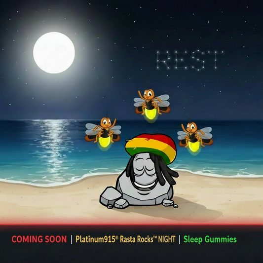 Rasta Rocks™ Night by Platinum915® are plant-based gummies formulated with Melatonin, Passionflower, and Vitamin B6. Faith, the Rasta Rock mascot, sleeps on the beach, under the moon, and surrounded by 3 lightning bugs. Rest is spelled in the sky with illuminating stars.
