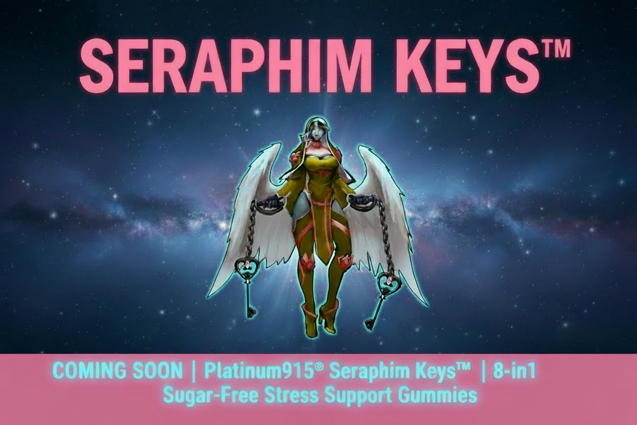 Seraphim Keys™ by Platinum915® 8-in-1 Sugar-Free Calm Support Gummies — GABA, L-Theanine, Magnesium, Chamomile, Passionflower, Valerian Root & B6 — Vegan, award-nominated brand. 